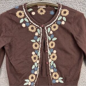 Halogen Cardigan Womens Medium Crop Brown Floral Beaded Cottagecore Whimsy Girly